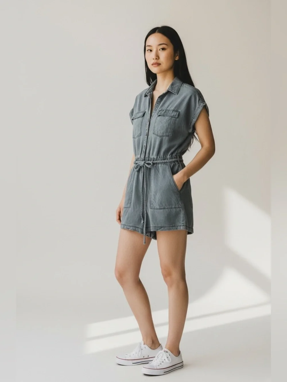 Nicole Miller New York Linen Lyocell Utility Romper – Medium